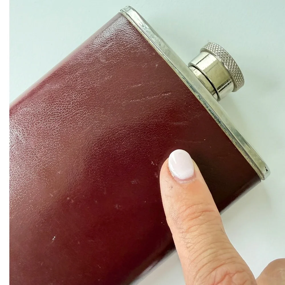Vintage 6oz Stainless Steel Hip Flask Burgundy Leatherette Wrap Pocket Barware